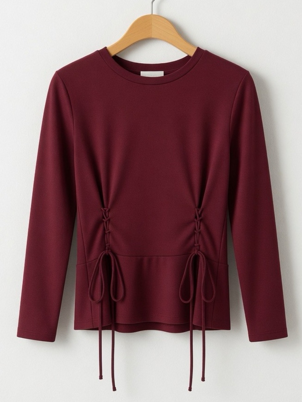 Anthropologie Pleione Burgundy Long Sleeve Lace-Up Peplum Crewneck Top NWT